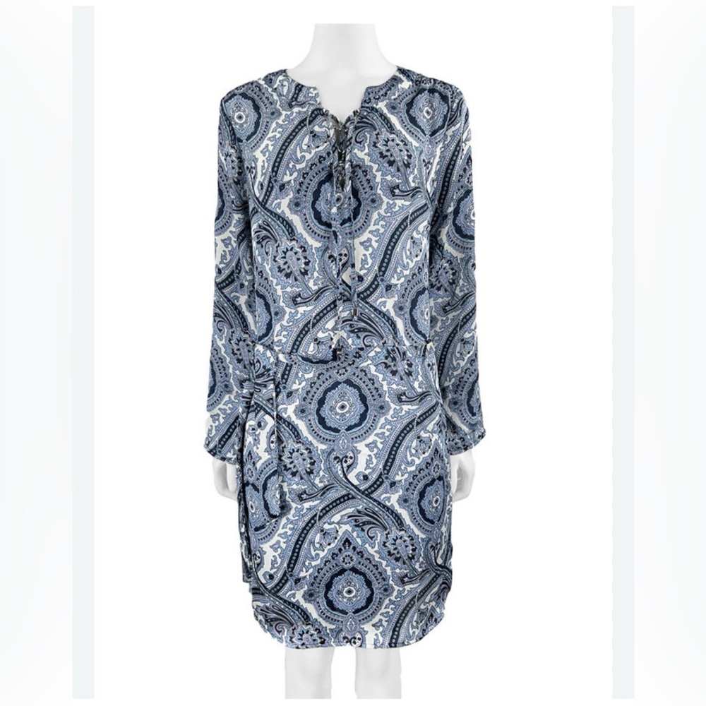 Michael Kors Blue Paisley Long-Sleeve Tie-Waist Dress